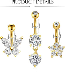 Bauchnabelpiercing Gold CZ Schmetterling Blume Edelstahl 14G