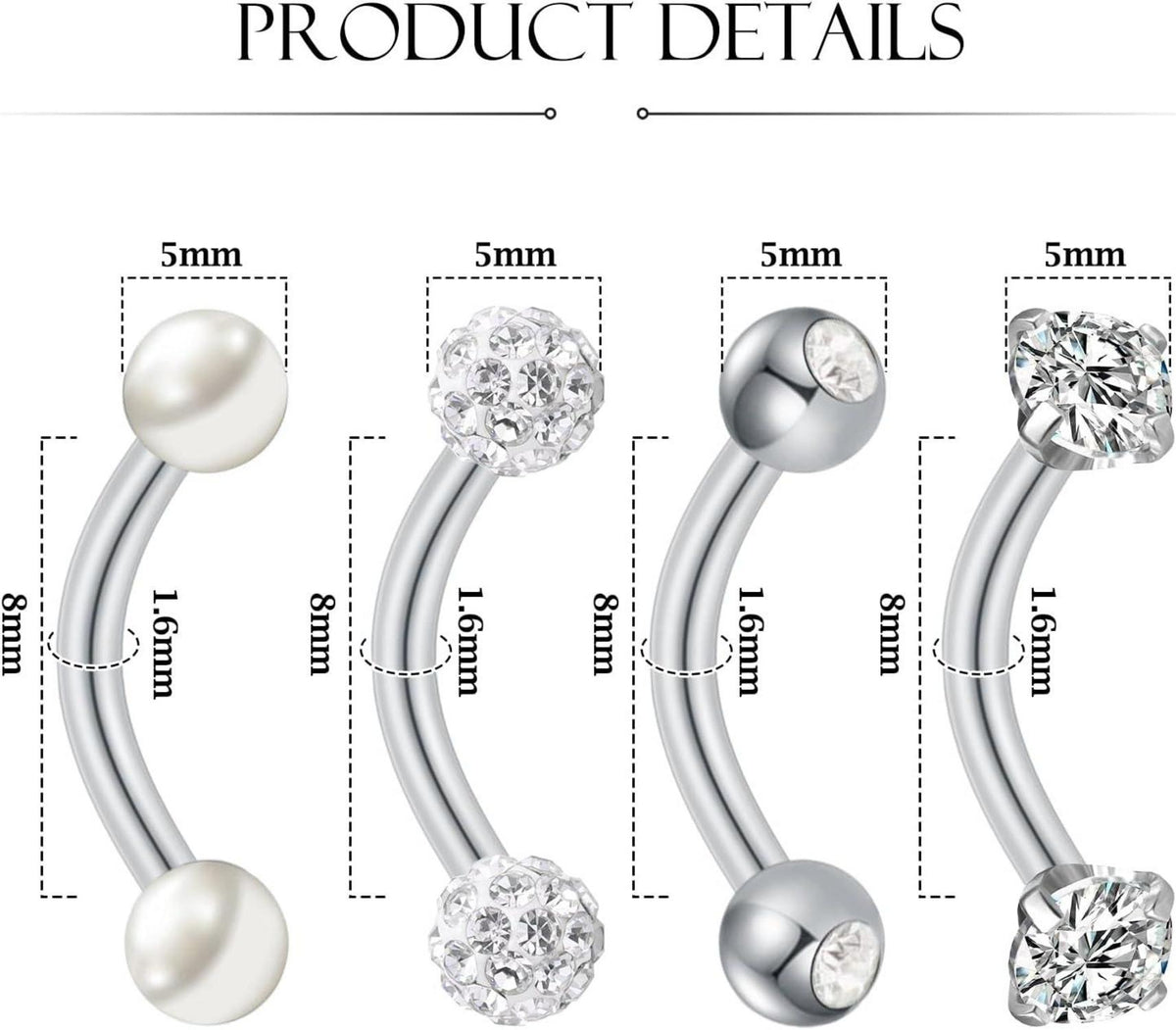 Bauchnabelpiercing Gold Silber 6mm 8mm 10mm 4 Stück CZ Perle
