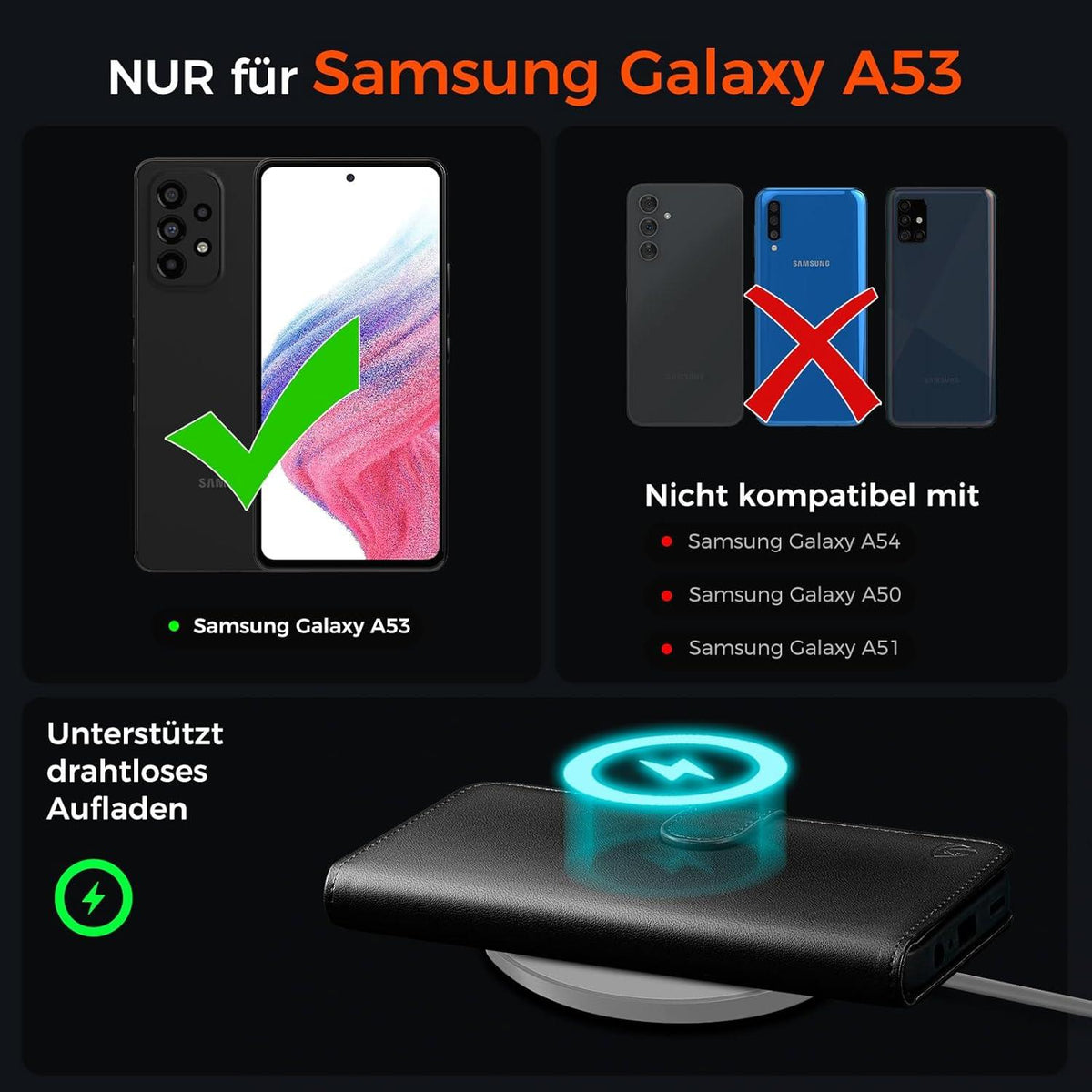 EASDNB Samsung Galaxy A53 5G Hülle Wallet Leder Flip Case Schwarz