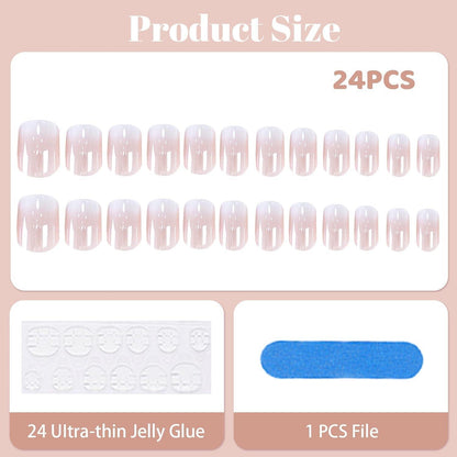24er Set Kurze Chrom Falsch Nägel mit French Design