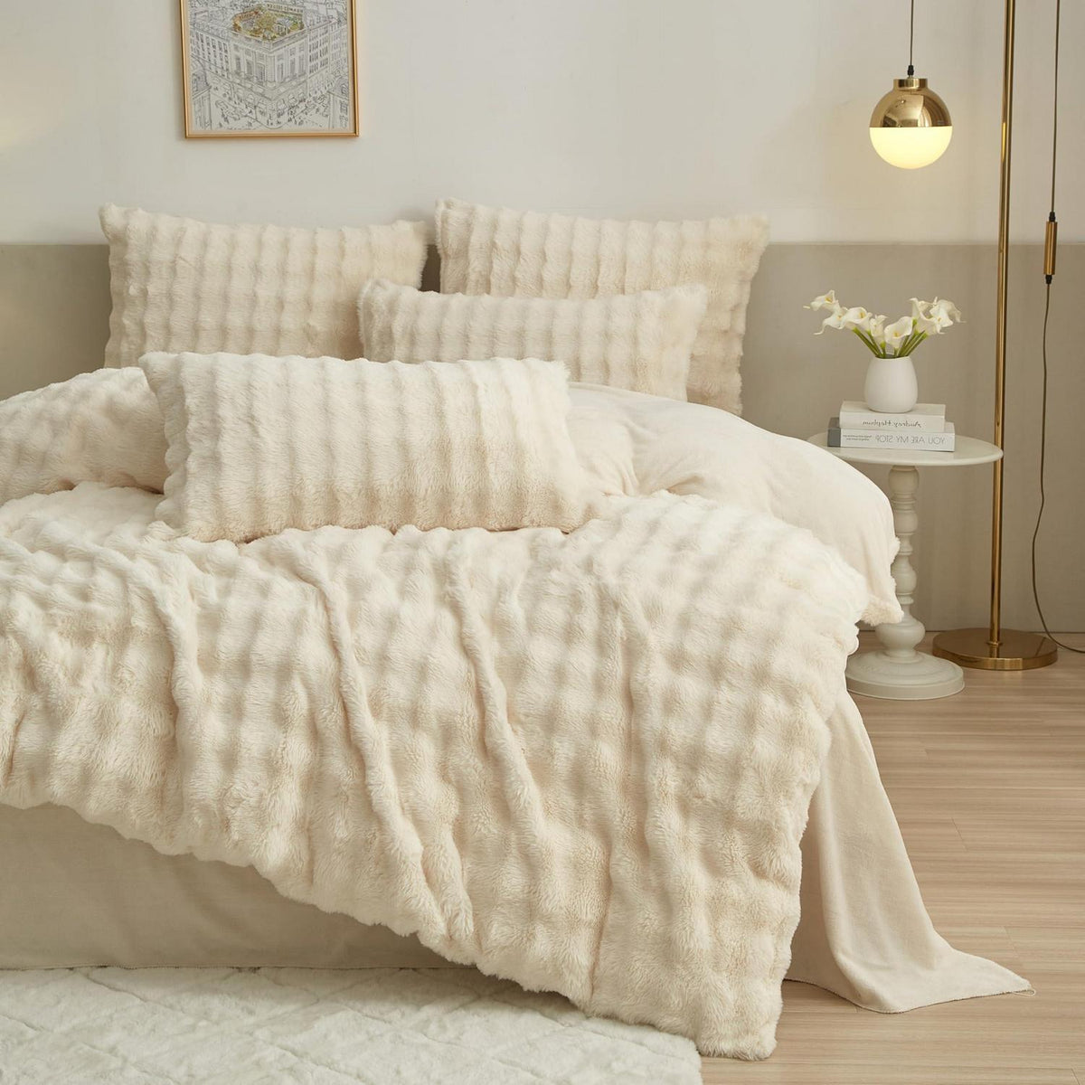 Flauschige Kaninchenfell Bettwäsche 135x200 cm Creme Weiß
