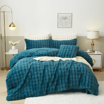 Flauschige Winter Bettwäsche Set 155x220cm Petrol Blau