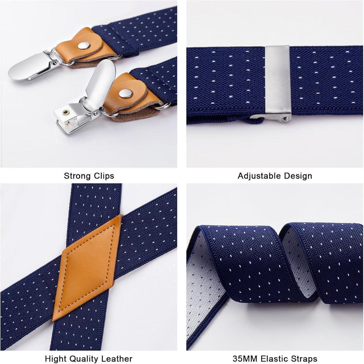 Herren Hosenträger X-Form 3,5cm Marineblau Polka Dot mit 4 Clips