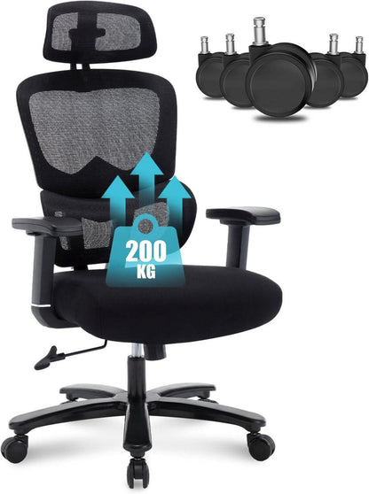 Ergonomischer Bürostuhl 200KG mit 3D Armlehne Schwarz Mesh