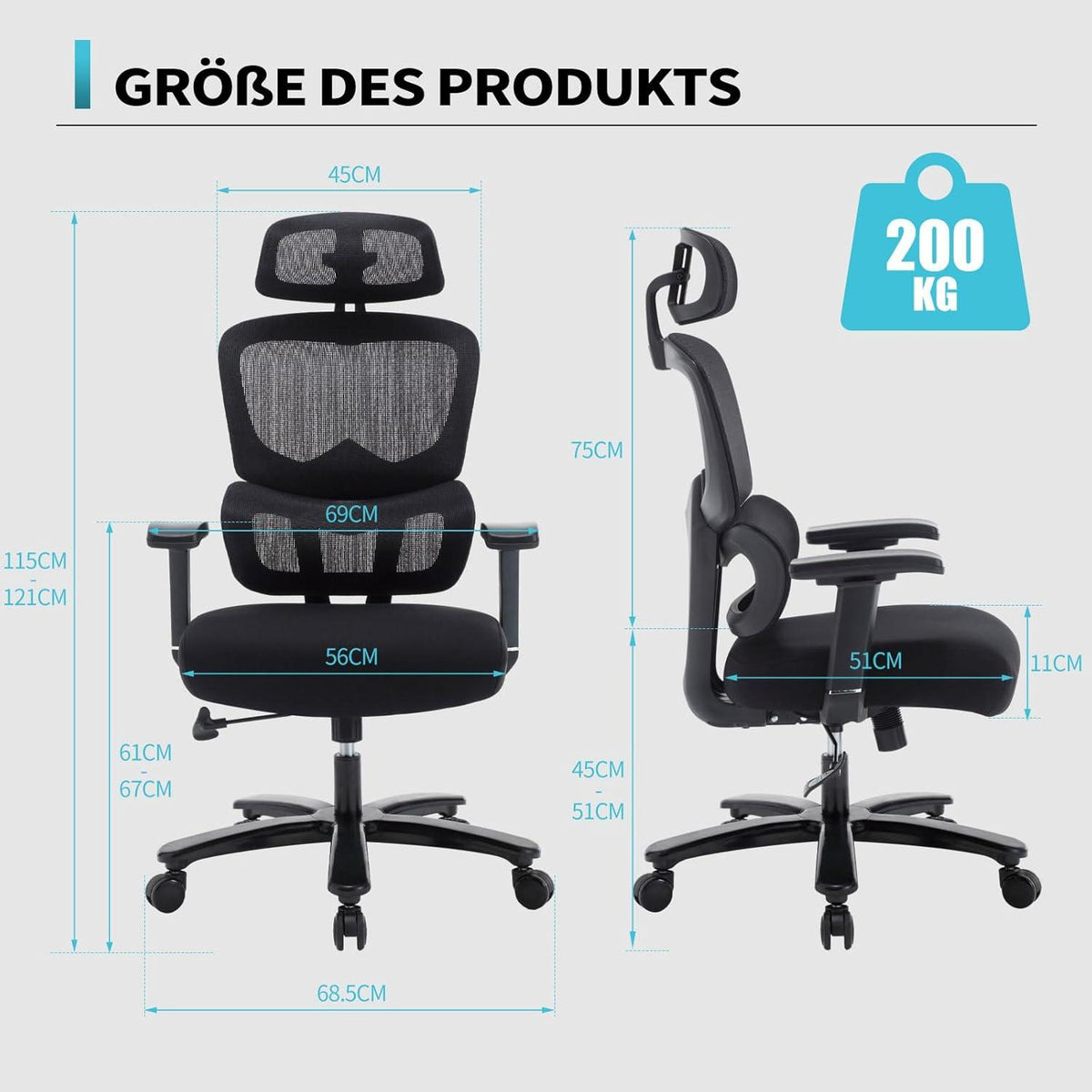 Bosmiller Bürostuhl 200KG Ergonomischer Schreibtischstuhl