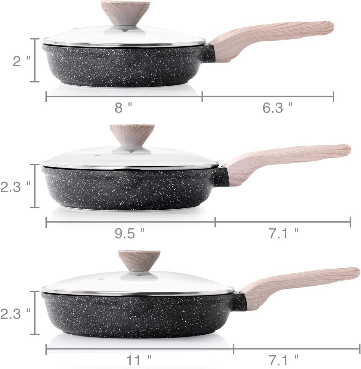 3-teiliges Bratpfannen-Set mit Deckel 20/24/28 cm, Granit