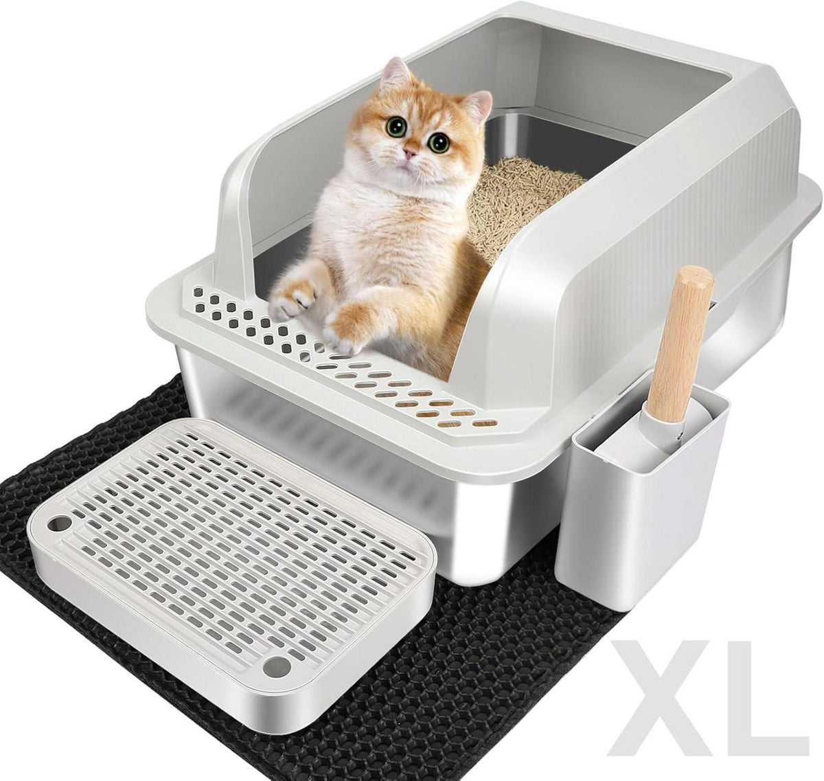 Vivifying Edelstahl Katzenklo XL mit Pedal, Schaufel, Matte 55x35x30cm