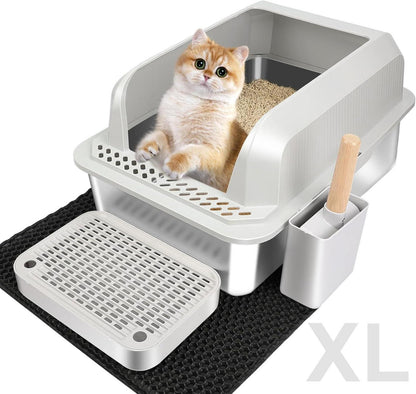 Vivifying Edelstahl Katzenklo XL mit Pedal, Schaufel, Matte 55x35x30cm