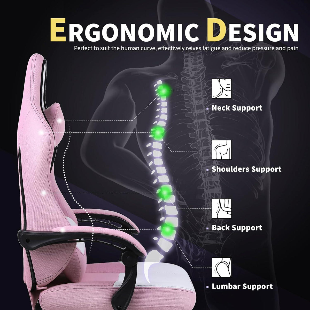 Ergonomischer Gaming Stuhl mit Fußstütze und Massage - Rosa - Büro & Home