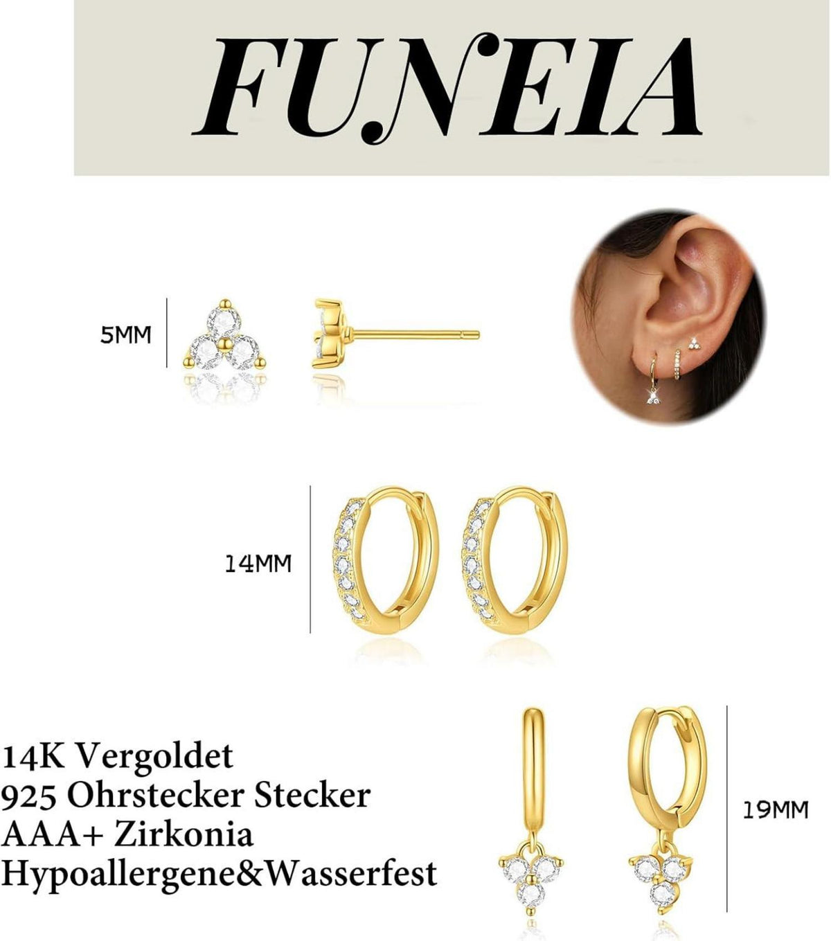 FUNEIA Ohrringe Set Damen Silber Gold 925 14K Vergoldet Zirkonia Elegant