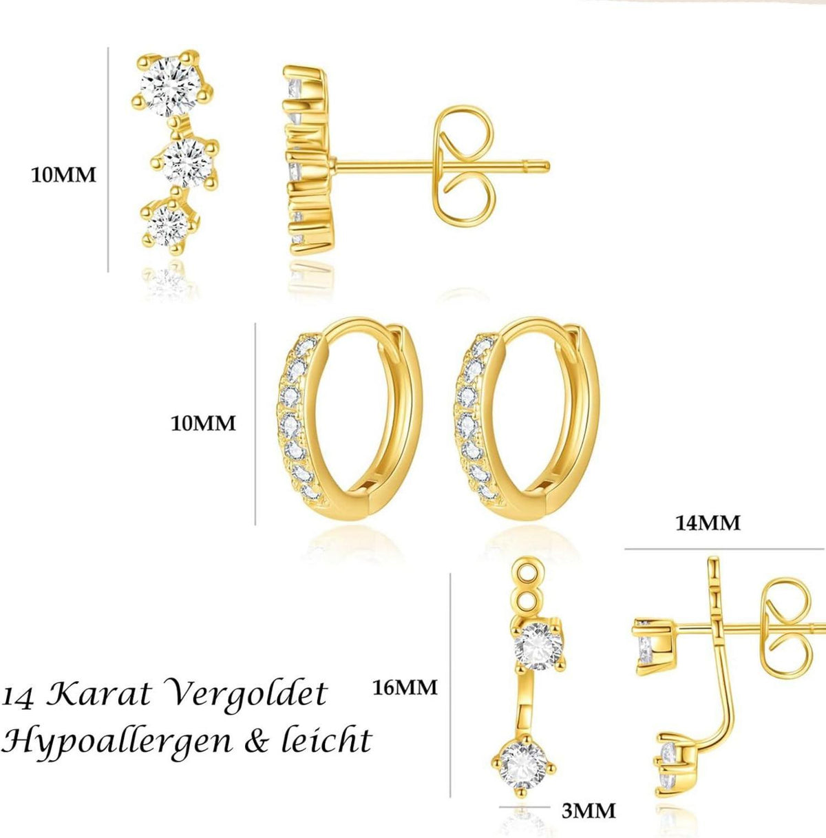FUNEIA Ohrringe Set Damen 925 Silber 14K Vergoldet Zirkonia Ohrschmuck