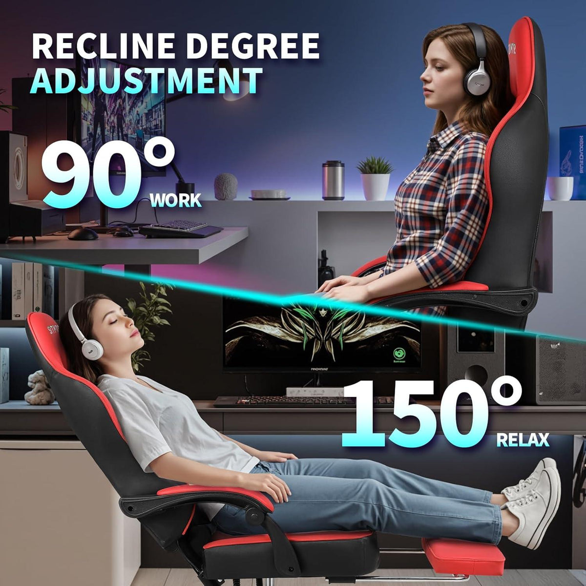 Bürostuhl Gaming Stuhl Höhenverstellbarer Dreh Ergonomisch PU Leder Gamer Stuhl Fußstütze Kopfstütze Lendenwirbelstütze 360° Drehsessel – Rot