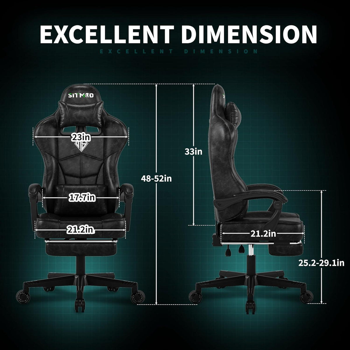 Ergonomischer Gaming Stuhl mit Fußstütze und Kopfstütze - Schwarz