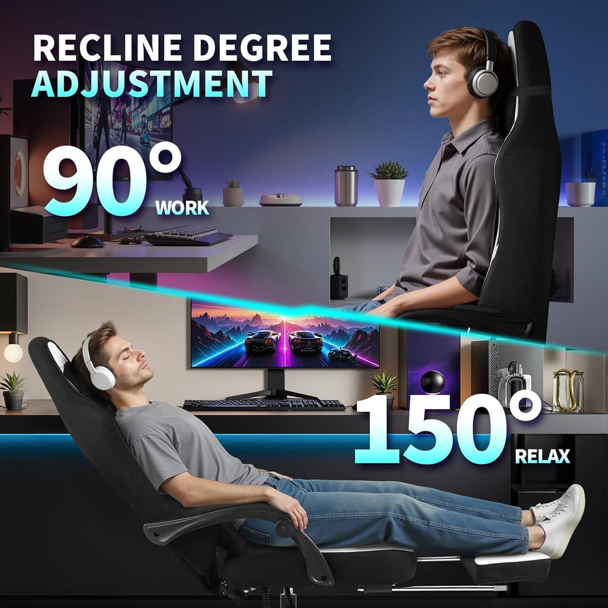 Ergonomischer Gaming Stuhl mit Fußstütze und Kopfstütze - Schwarz