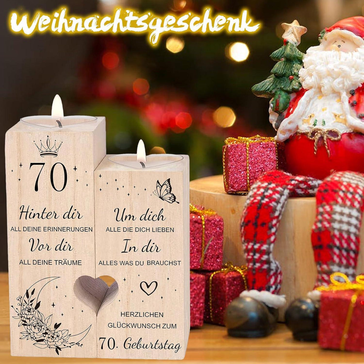 Herzförmiger Kerzenständer Holz 70. Geburtstag Deko Geschenk