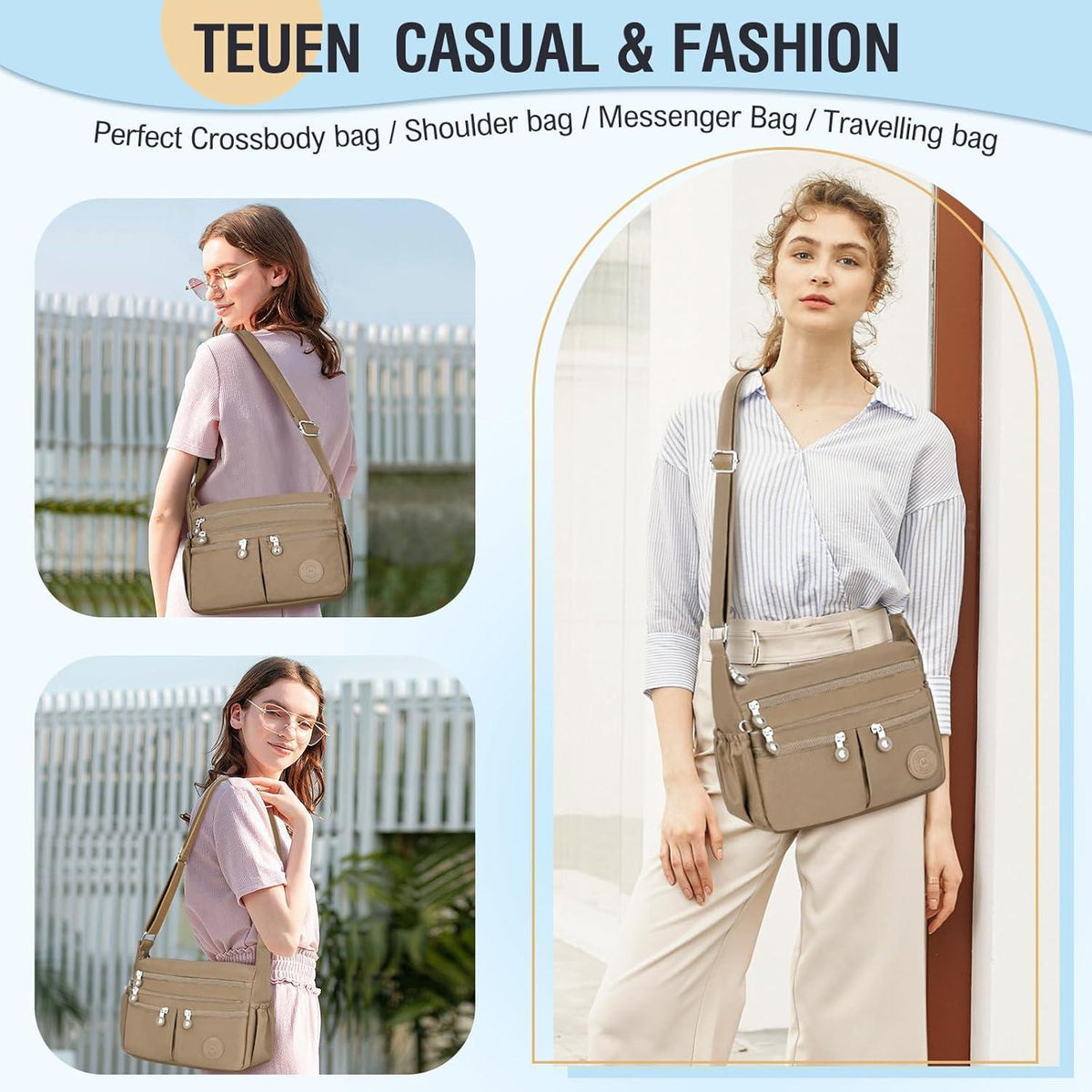 Große Nylon Crossbody Tasche Damen Wasserdicht Khaki