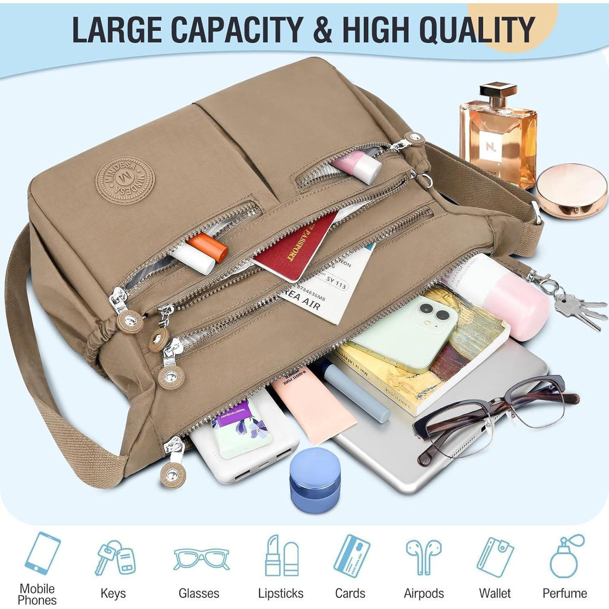 Große Nylon Crossbody Tasche Damen Wasserdicht Khaki