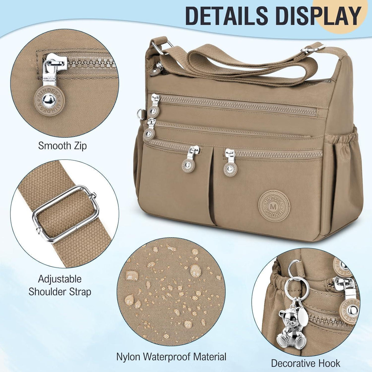 Große Nylon Crossbody Tasche Damen Wasserdicht Khaki
