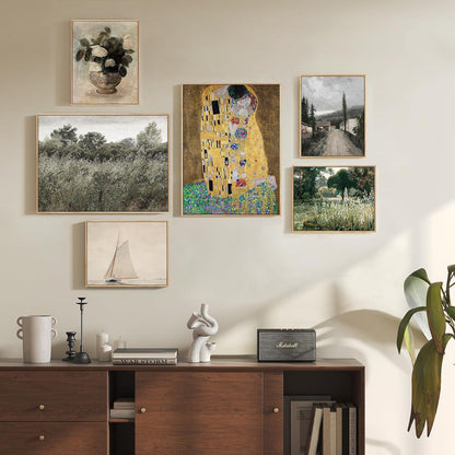 Vintage Leinwand Bild mit Holzrahmen 30x40 cm Kuss Liebhaber Gustav Klimt Kunst wandbilder Schlafzimmer Büro Badezimmer