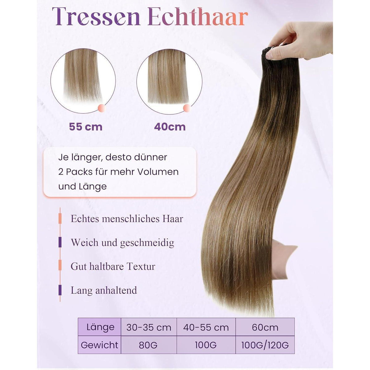 Echthaar Tressen Braun Ombre – 45cm, 100g, #2/6/18