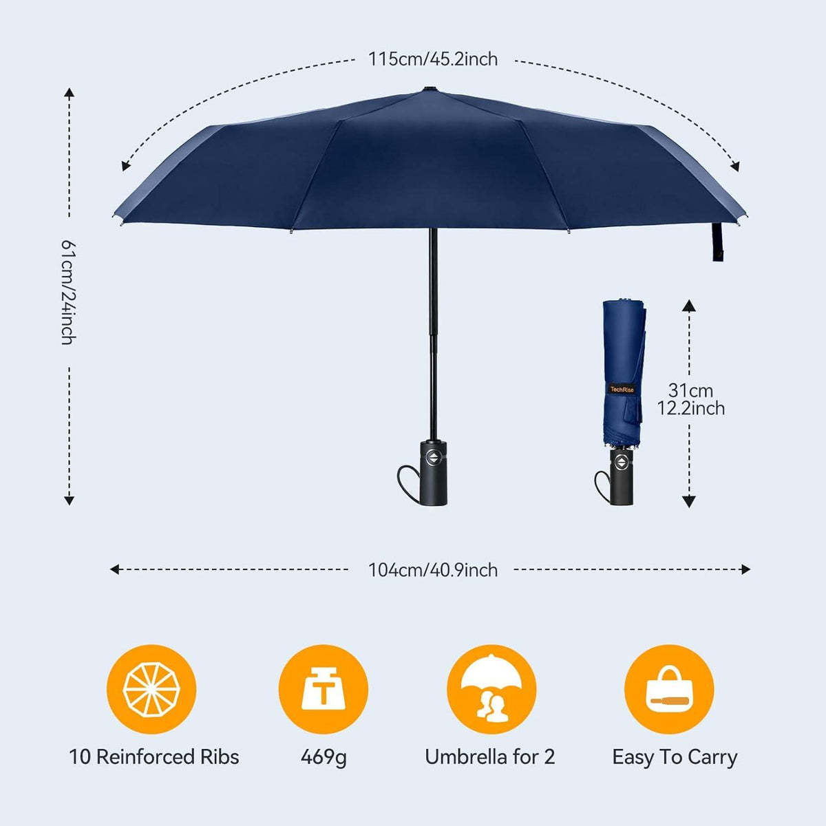 TechRise Großer Sturmfester Regenschirm Blau 104cm - Kompakt & Windsicher