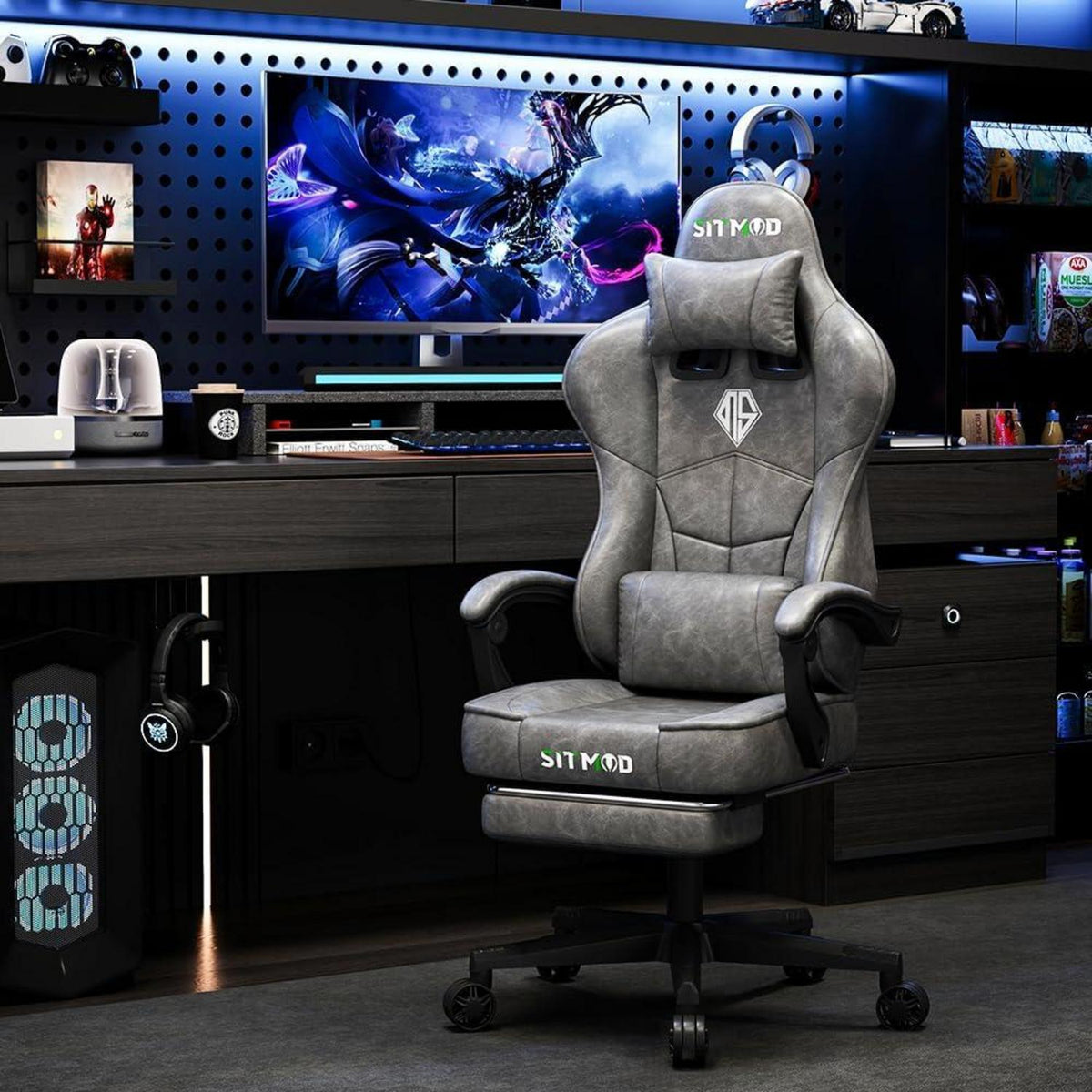 Ergonomischer Gaming Stuhl mit Fußstütze und Kopfstütze