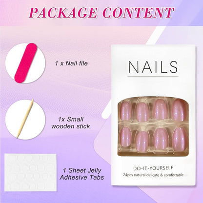 24 Stück Mandel Nägel Aufkleben Rosa Aurora French Press On Nails