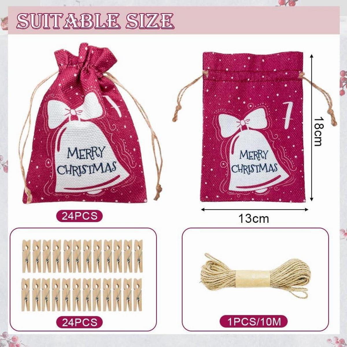 24er Weiße Stoffbeutel Adventskalender Weihnachtsmuster & Clips