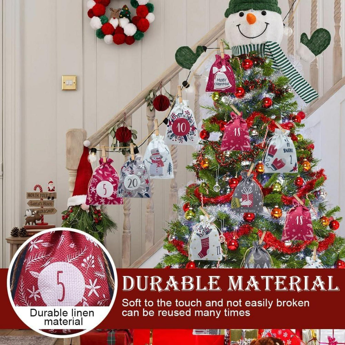 24 Adventskalender zum Befüllen Weihnachts-Säckchen Kinder DIY 18x13 cm