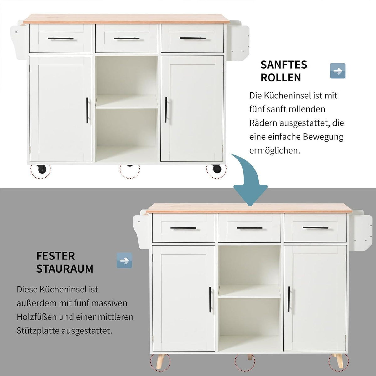 Klappbare Kücheninsel mit Schubladen & Ablage – Weiß
