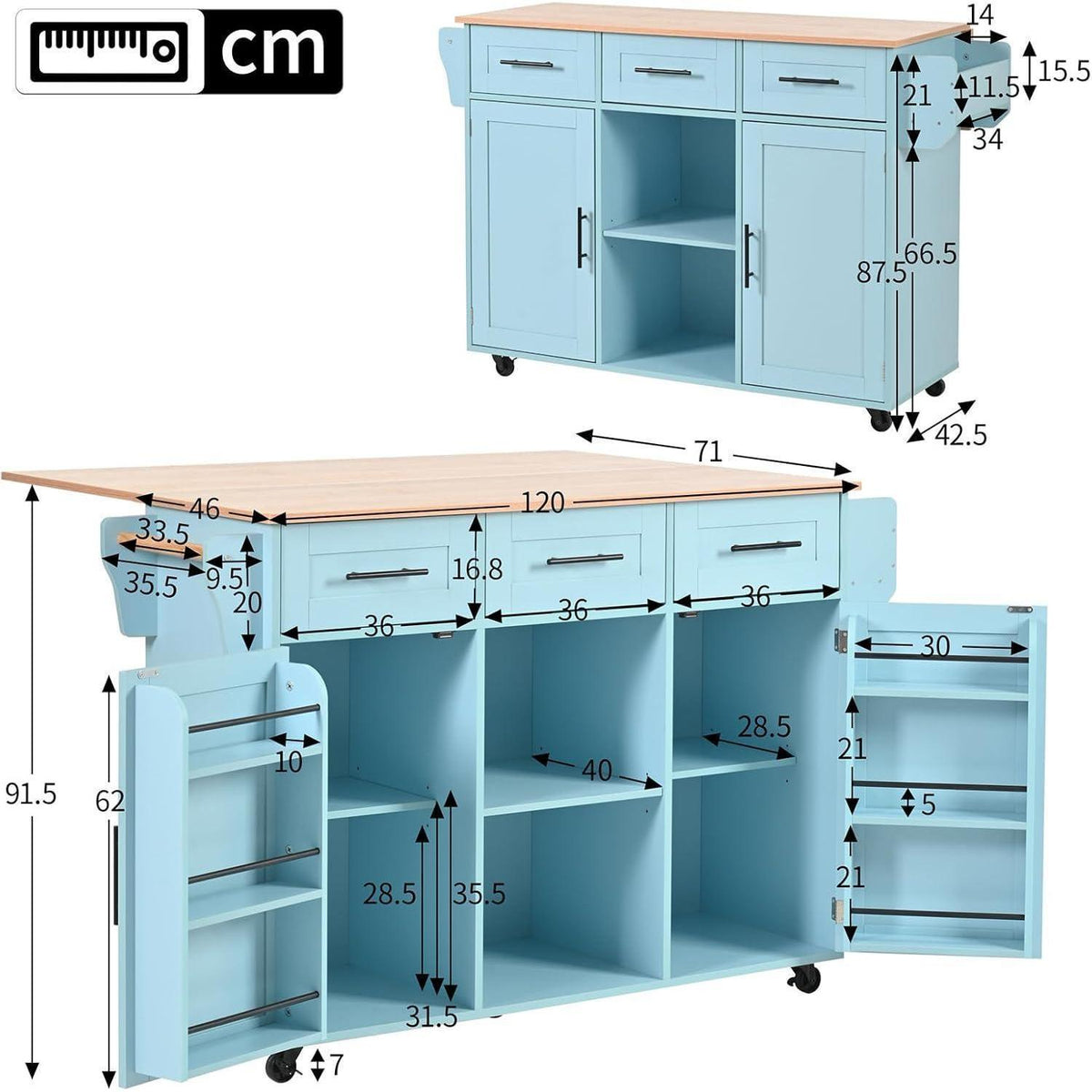 Klappbare Kücheninsel Blau mit Schubladen & Ablage