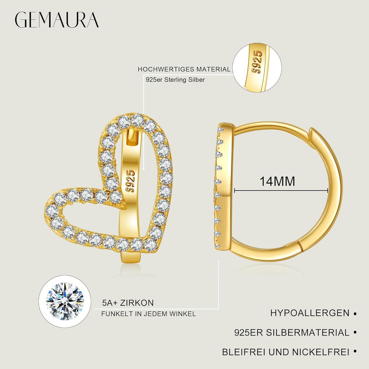 GEMAURA Herz Ohrringe Silber 925 Creolen Gold Zirkonia Rosegold Damen Schmuck
