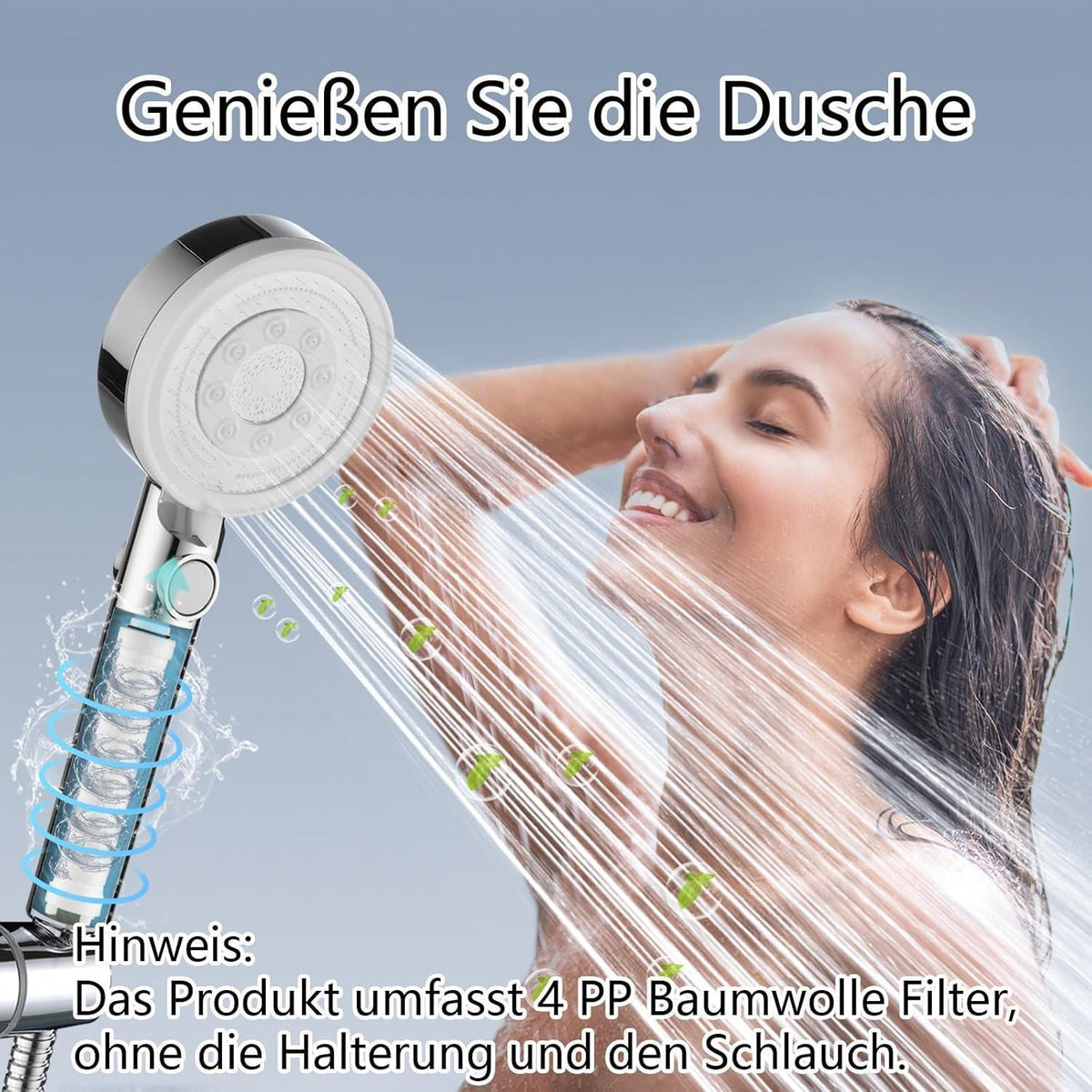 Duschkopf mit 4 PP-Filtern, 5 Strahlarten, Wassersparend, Chrom/Weiß