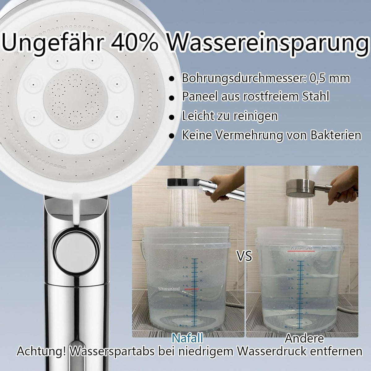 Duschkopf mit 4 PP-Filtern, 5 Strahlarten, Wassersparend, Chrom/Weiß