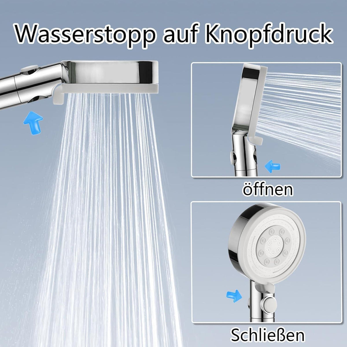 Duschkopf mit 4 PP-Filtern, 5 Strahlarten, Wassersparend, Chrom/Weiß