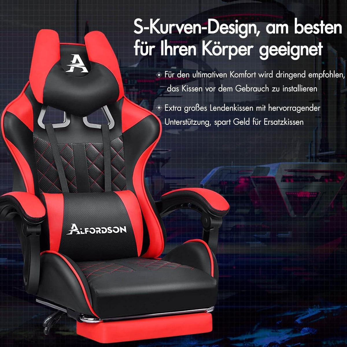 ALFORDSON Gaming-Bürostuhl mit Fußstütze, Lendenkissen, Rot - Ethan