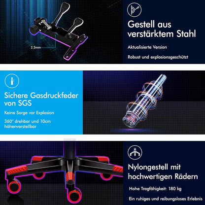Gaming-Bürostuhl mit Fußstütze, Lendenkissen, 150° Neigung, Rot