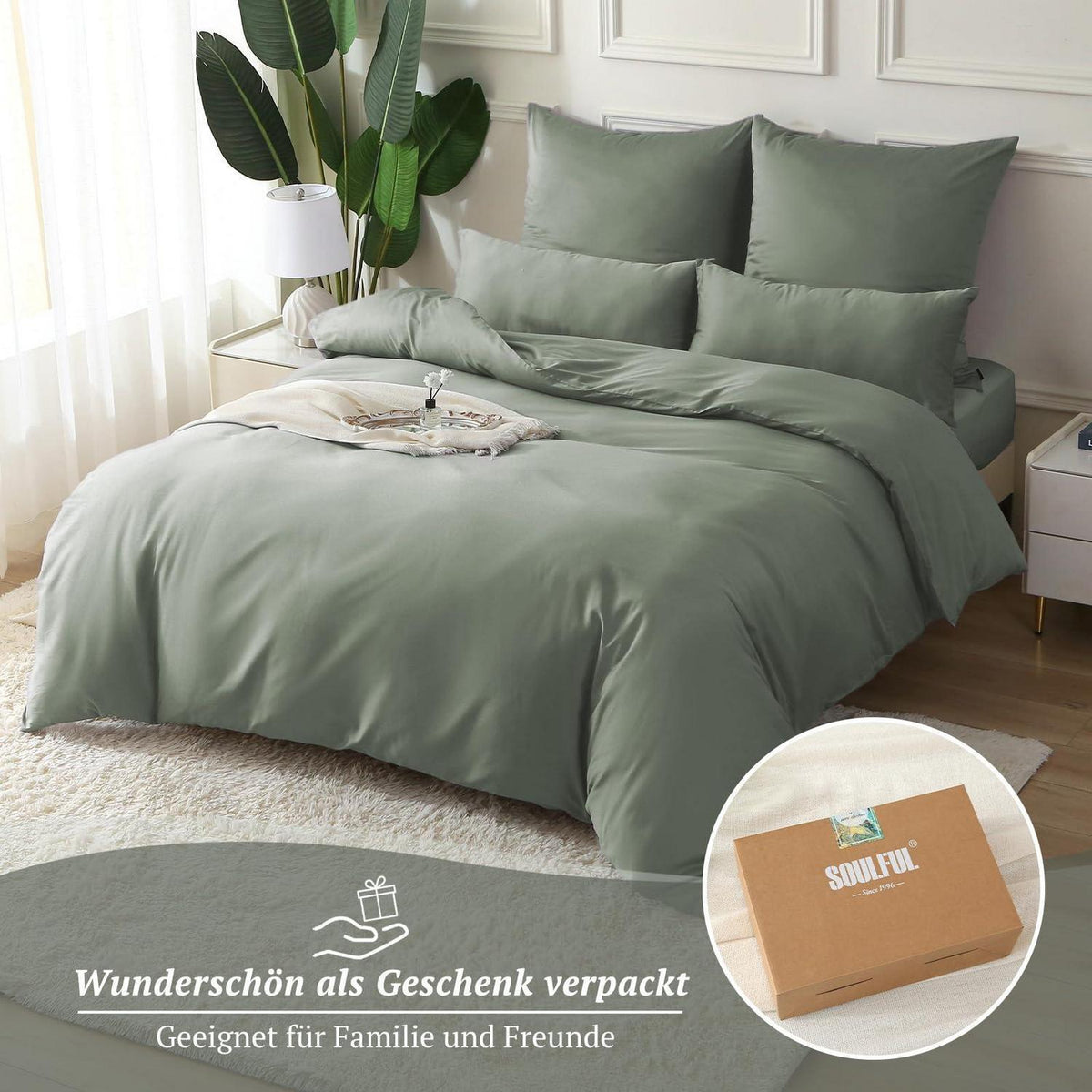 Satin Bettwäsche Set 220x240 Baumwolle, 3-teilig, Grau
