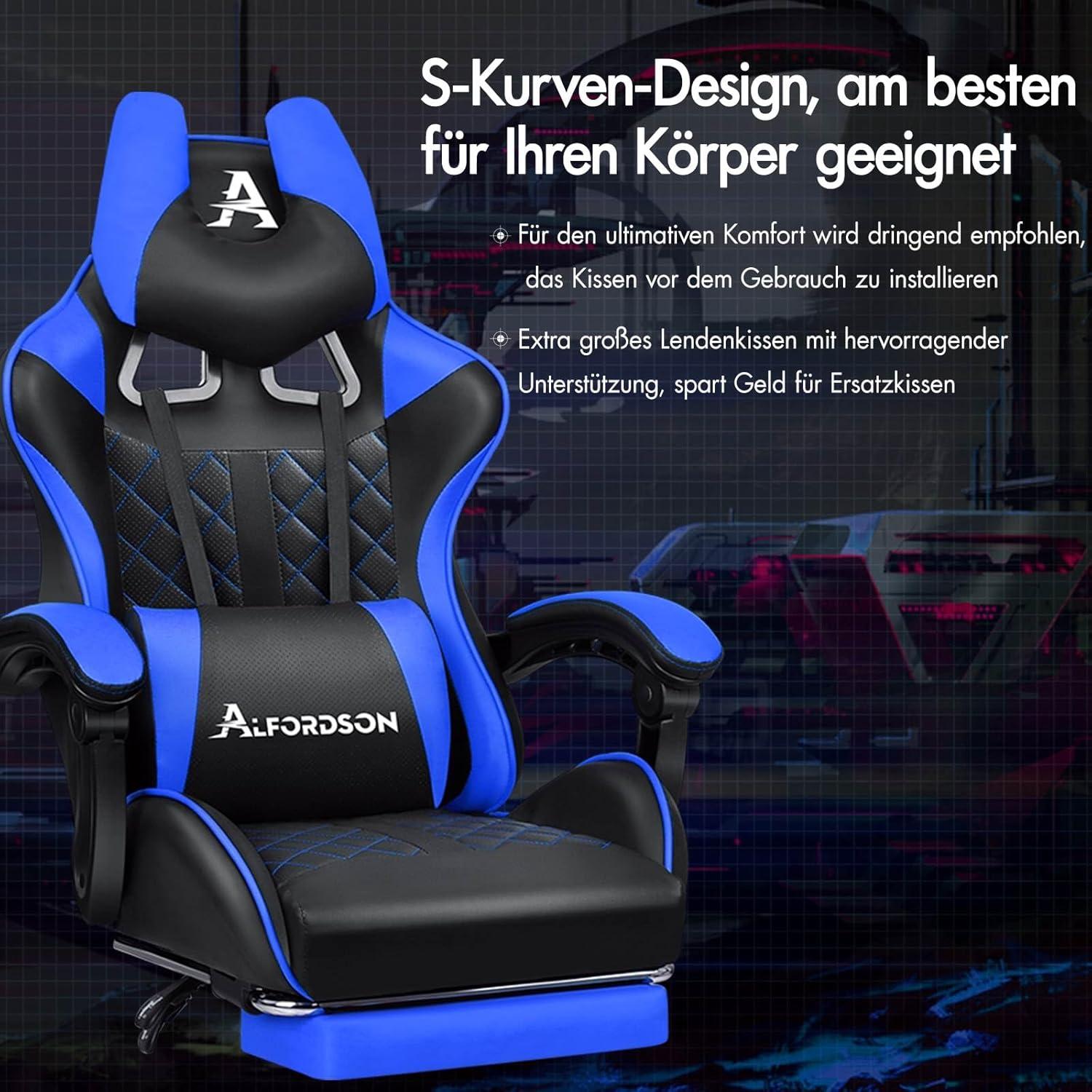 ALFORDSON Gaming-Bürostuhl mit Fußstütze Lendenkissen Blau Ethan