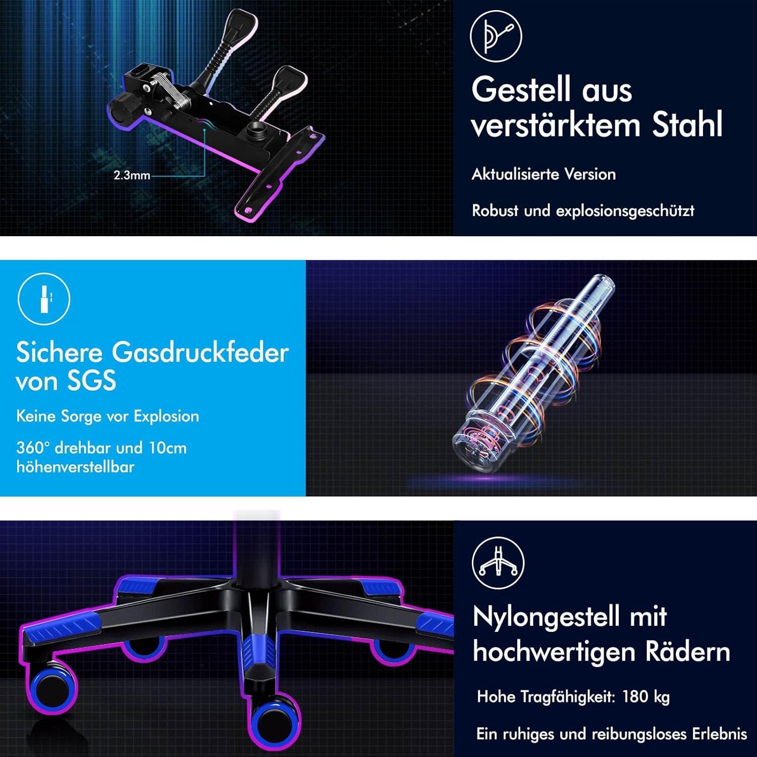 Bequemer Gaming-Bürostuhl mit Fußstütze und Lendenkissen, Blau