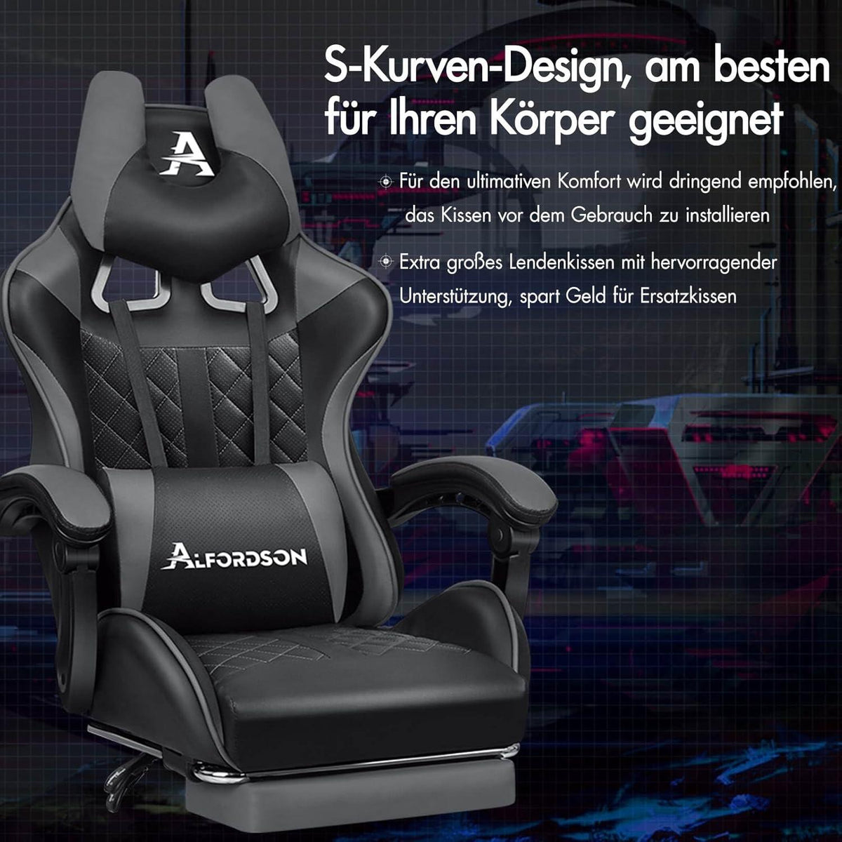 ALFORDSON Gaming-Bürostuhl mit Fußstütze und Lendenwirbelkissen