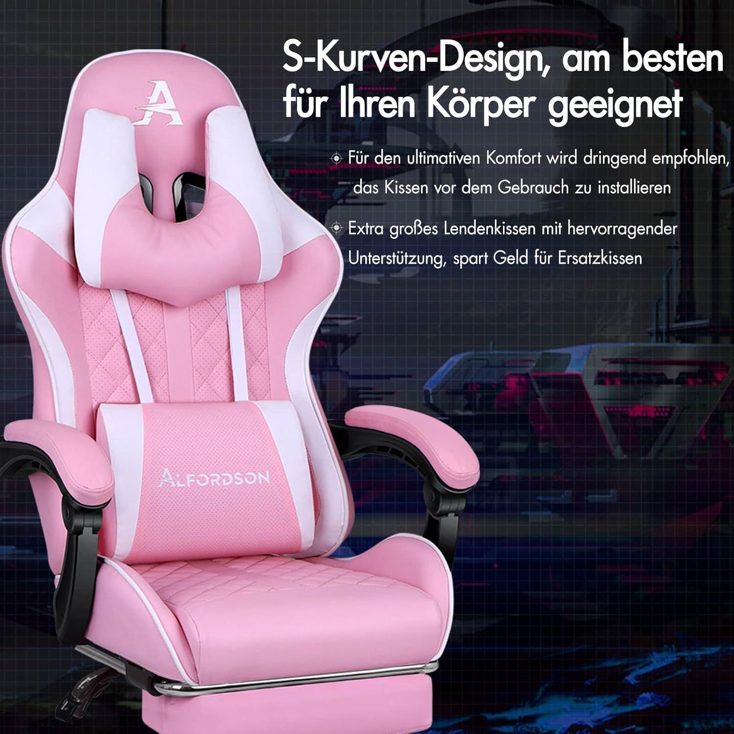 Gaming Stuhl mit Fußstütze und Lordosenstütze, 180 kg Tragkraft, Rosa