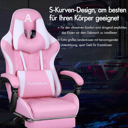 Gaming Stuhl mit Fußstütze und Lordosenstütze, 180 kg Tragkraft, Rosa