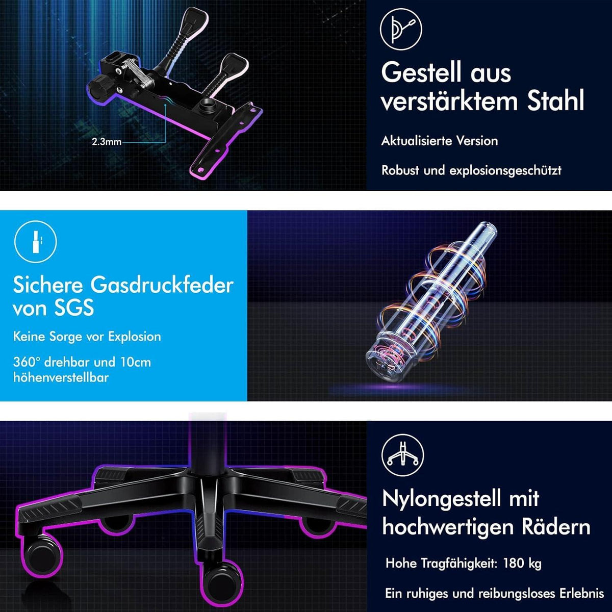 Gaming-Stuhl Schwarz Ethan Serie Fußstütze ergonomisches Design 150° Neigung 180