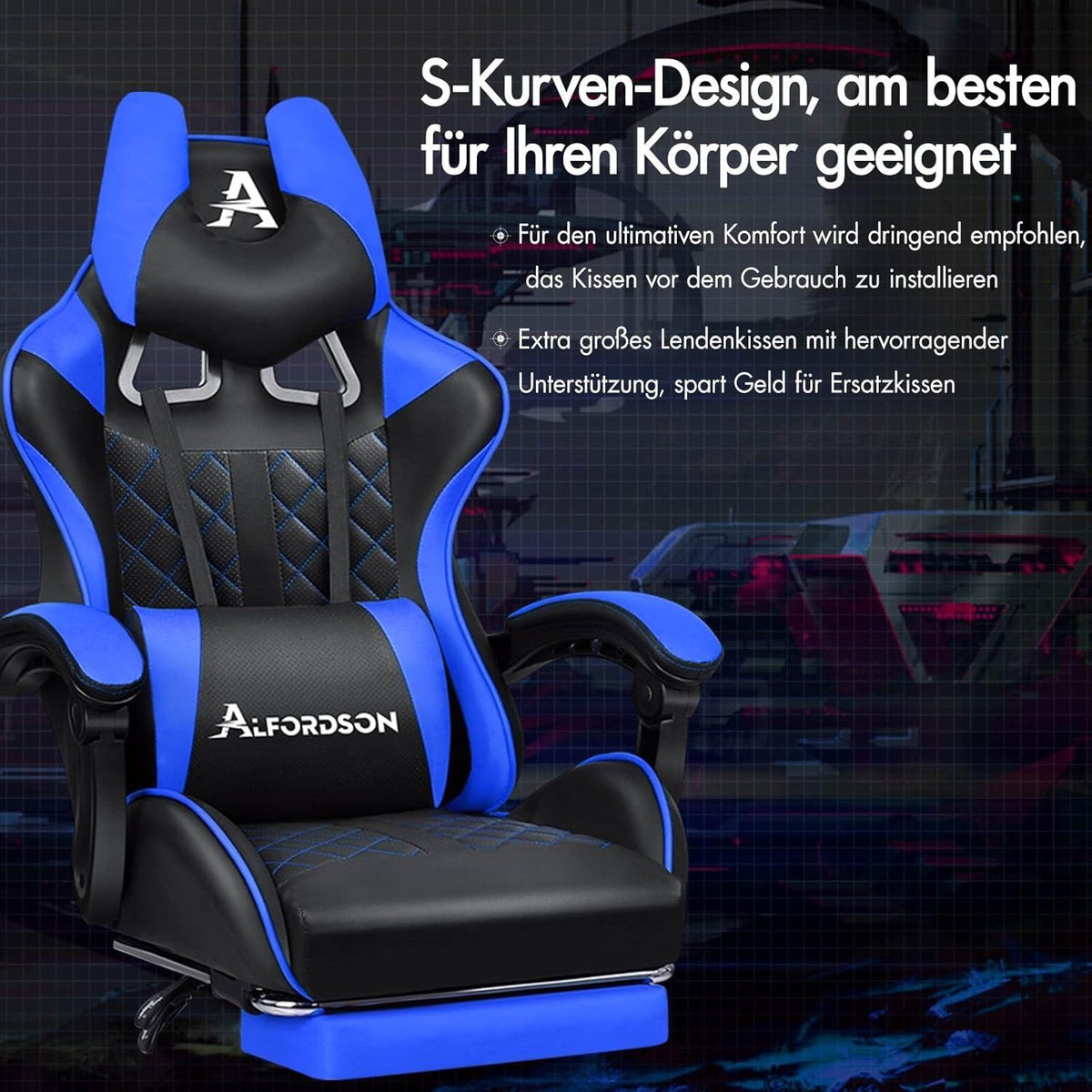 Premium Gaming Stuhl mit Fußstütze und Lordosenstütze ergonomisch