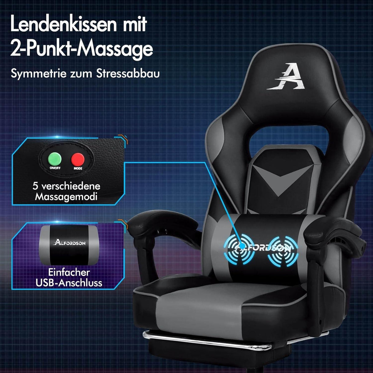 Ergonomischer Gaming-Bürostuhl mit Fußstütze und Kopfstütze