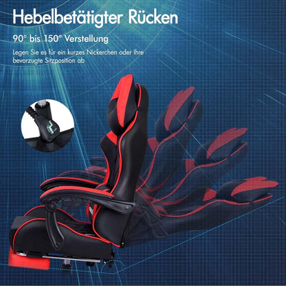Premium Gaming-Stuhl mit Fußstütze und Lordosenstütze, ergonomisch, 150° Neigung, Leder, Rot, 180 kg Tragkraft