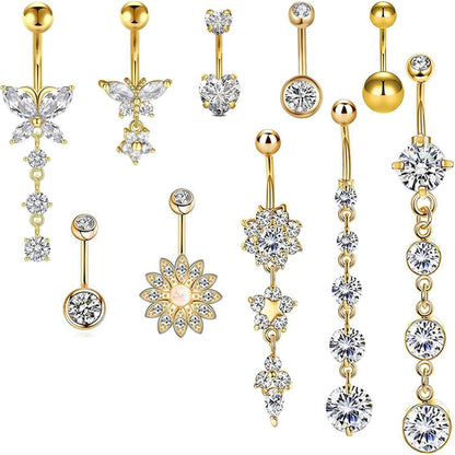 10er Set Bauchnabelpiercing Schmetterling Herz Blume Gold