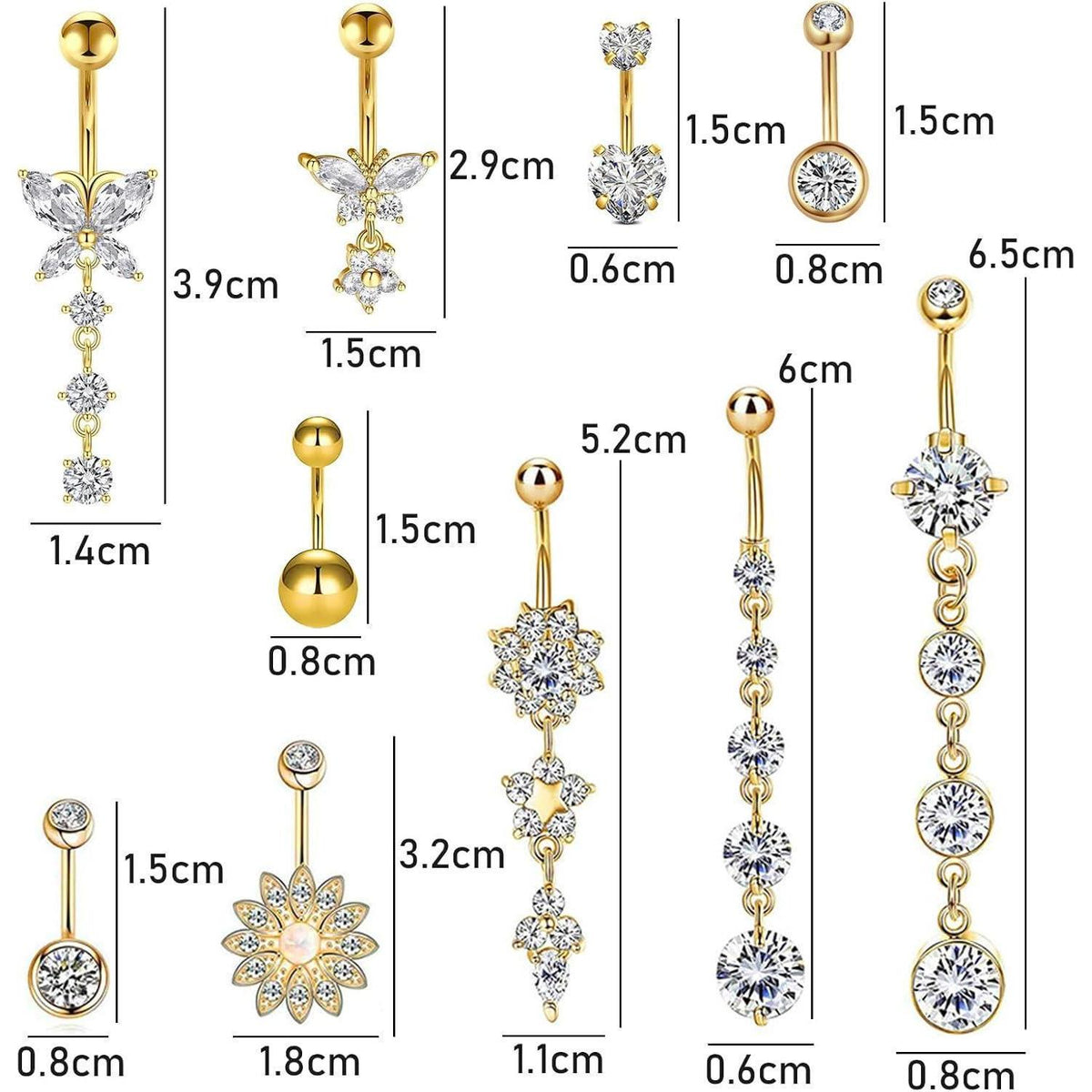 10er Set Bauchnabelpiercing Schmetterling Herz Blume Gold