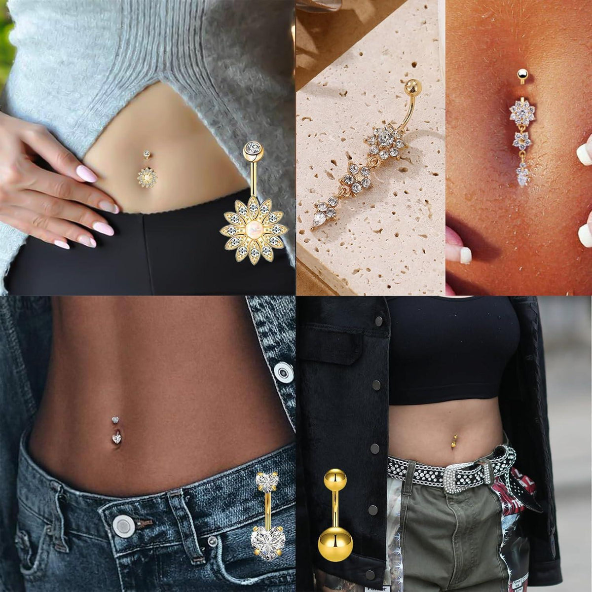 10er Set Bauchnabelpiercing Schmetterling Herz Blume Gold